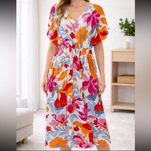 NWT Floral V-Neck Smocked Waist Midi Dress - White Multi